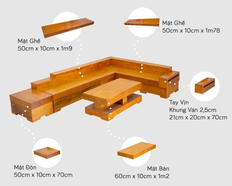 Kích thước sofa gỗ gõ đỏ nguyên khối 